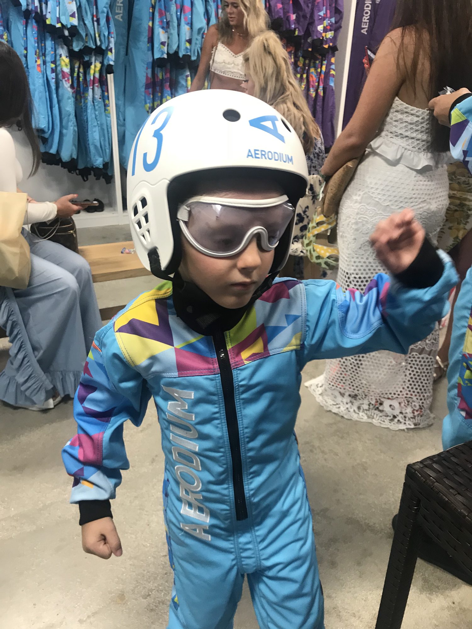 A young visitor suited up for the Aerodium wind tunnel at Jungle Island.