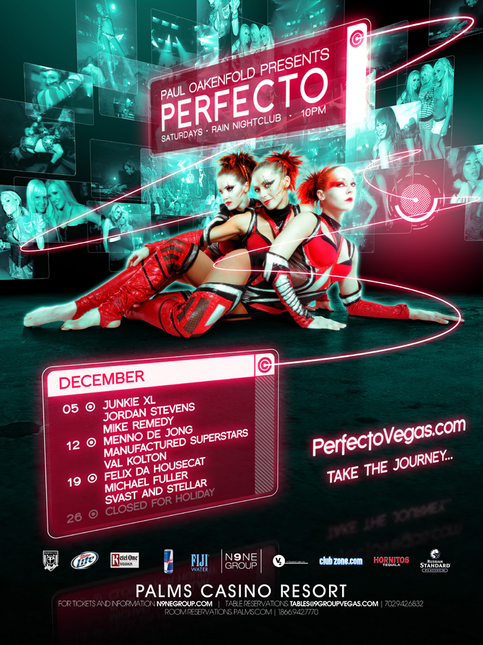 The official Paul Oakenfold Presents Perfecto Saturdays poster for Rain Nightclub at the Palms, with Michael Fuller on the December bill — N9NE Group, Las Vegas, December 2009.