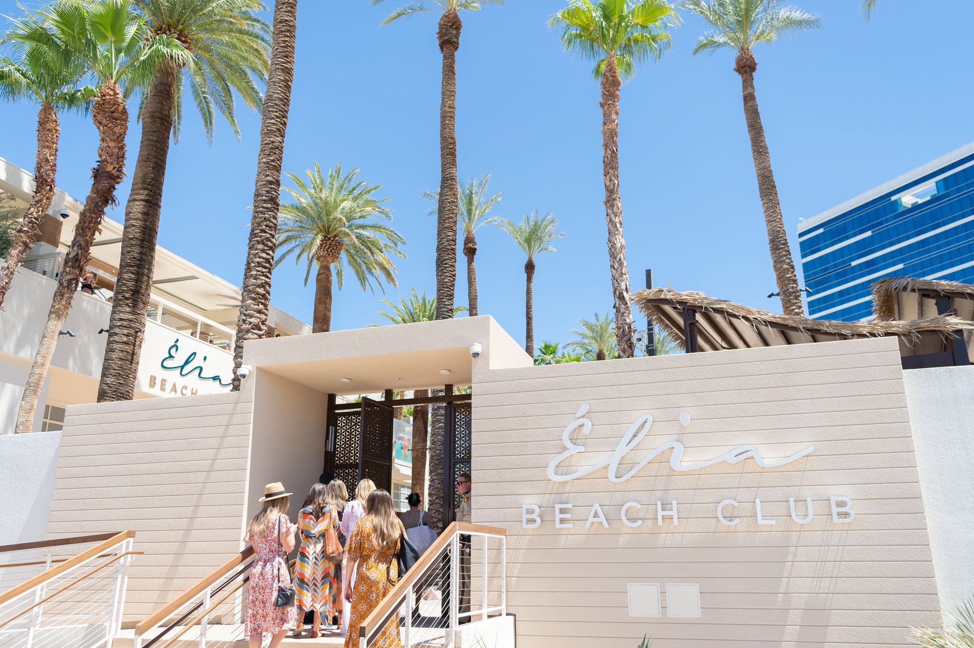 Guests arriving at the Élia Beach Club entrance, Virgin Hotels Las Vegas, 2021.