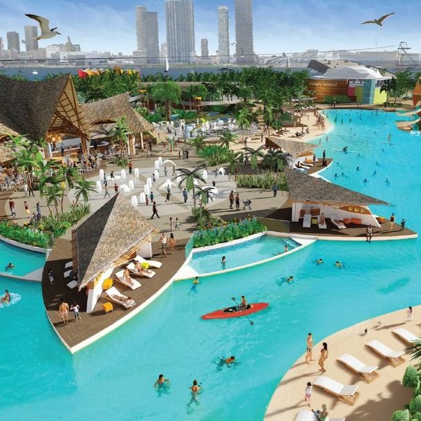 Architect's rendering of the redesigned Jungle Island on Watson Island, Miami, with the downtown skyline behind it.