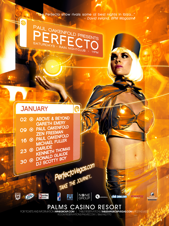 Perfecto Saturdays January 2010 lineup flyer — Michael Fuller on the January 16 bill with Paul Oakenfold, Rain Nightclub at the Palms.