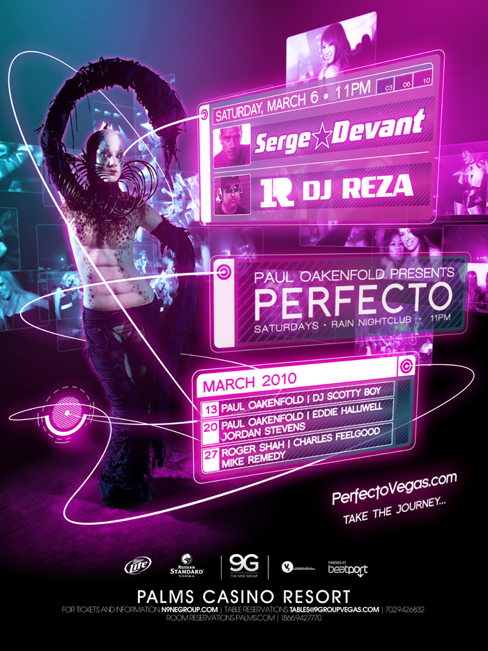 Perfecto Saturdays flyer for March 6, 2010 — Serge Devant and DJ Reza, the residency's second year at Rain.