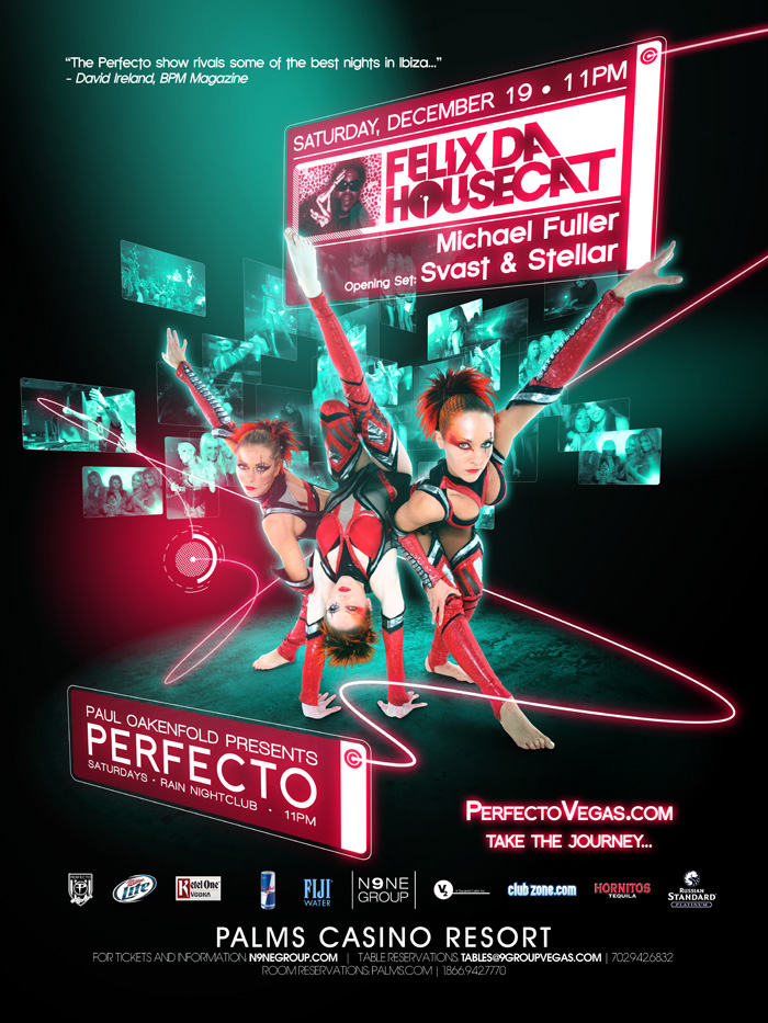 Perfecto Saturdays flyer for December 19 — Felix Da Housecat with Michael Fuller and Svast & Stellar at Rain, with BPM Magazine's 'rivals some of the best nights in Ibiza' quote. N9NE Group, 2009.
